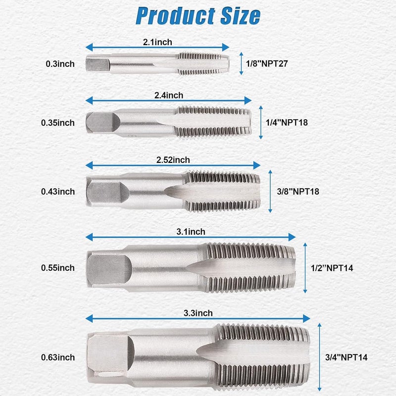 Siapupy طقم أدوات حفر أنابيب NPT من 5 قطع، طقم حفر ومكابس NPT بأحجام 1/8"، 1/4"، 3/8"، 1/2" و3/4" – أداة حفر يدوية من الفولاذ الكربوني للسباكة، الميكانيكا، ومهام الأعمال اليدوية، توفر خيوط دقيقة ونظيفة - Image 2